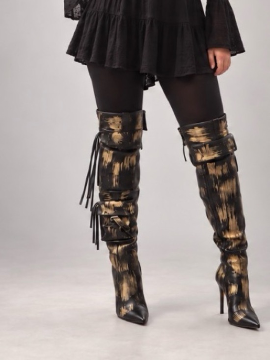 Liliana Tops - Sexy Black & Gold Buckle Knee-High Stiletto Boots